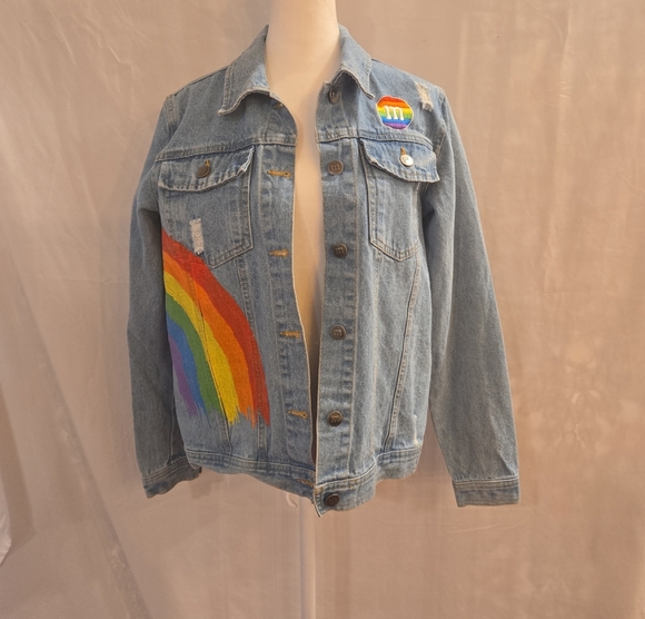 M&M'S Vibes Rainbow Distressed Light Blue Cotton Jean Jacket Womens Size Small - Picture 2 of 12